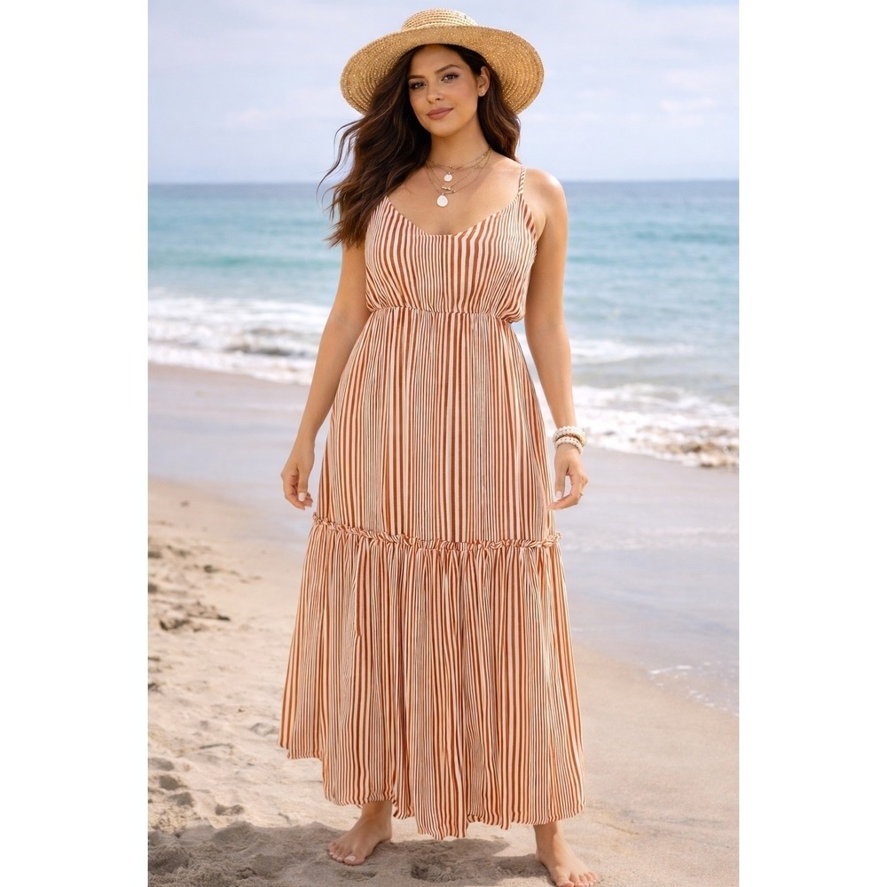 Hayden Womens Dress M Hollie Striped Maxi Ivory Brick Red Tiered Boho Beachy